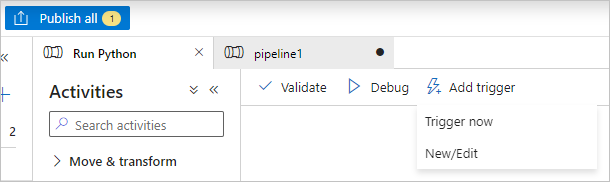Captura de tela mostrando as opções Validar, Depurar, Publicar tudo e Adicionar um gatilho no Data Factory.