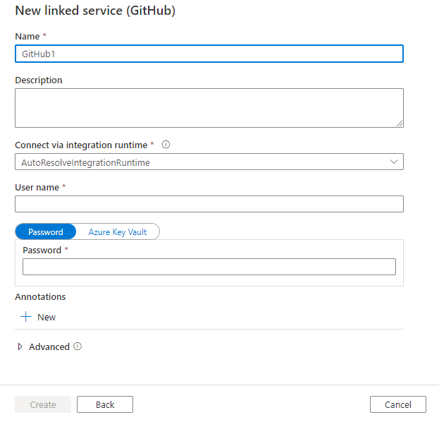 Captura de tela da configuração de serviço vinculado para GitHub.