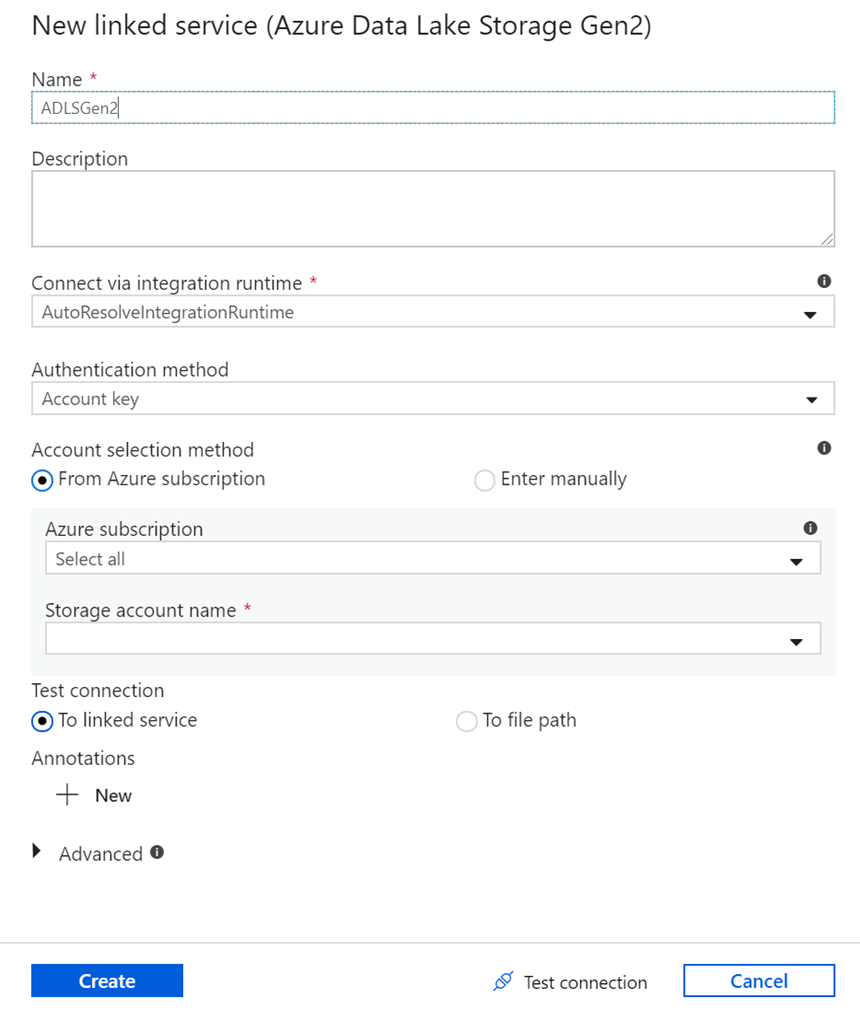 Captura de tela do painel para criar um novo serviço vinculado do Azure Data Lake Storage.