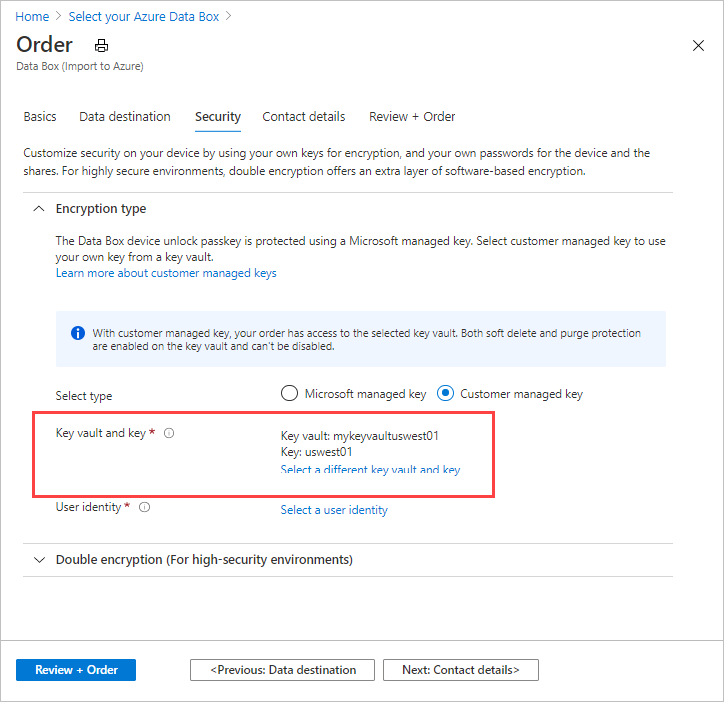 Captura de tela dos valores de chave e cofre de chaves presentes após a criação de uma nova chave do Azure Key Vault para fornecer uma chave gerenciada pelo cliente para um pedido de exportação do Data Box.