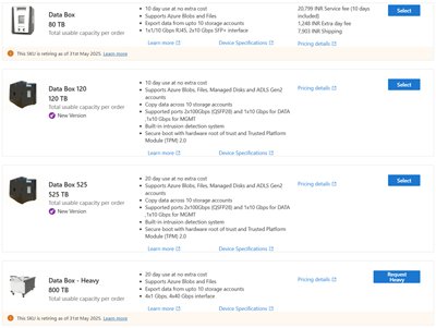 Captura de tela mostrando os SKUs do Data Box disponíveis para uma ordem de exportação.