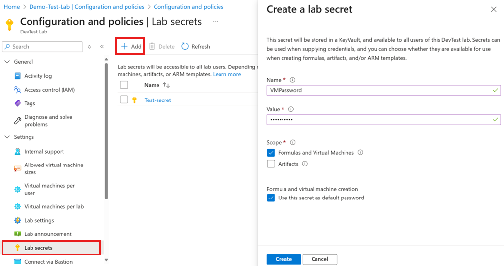 Captura de tela dos Segredos do Laboratório no Azure DevTest Labs.