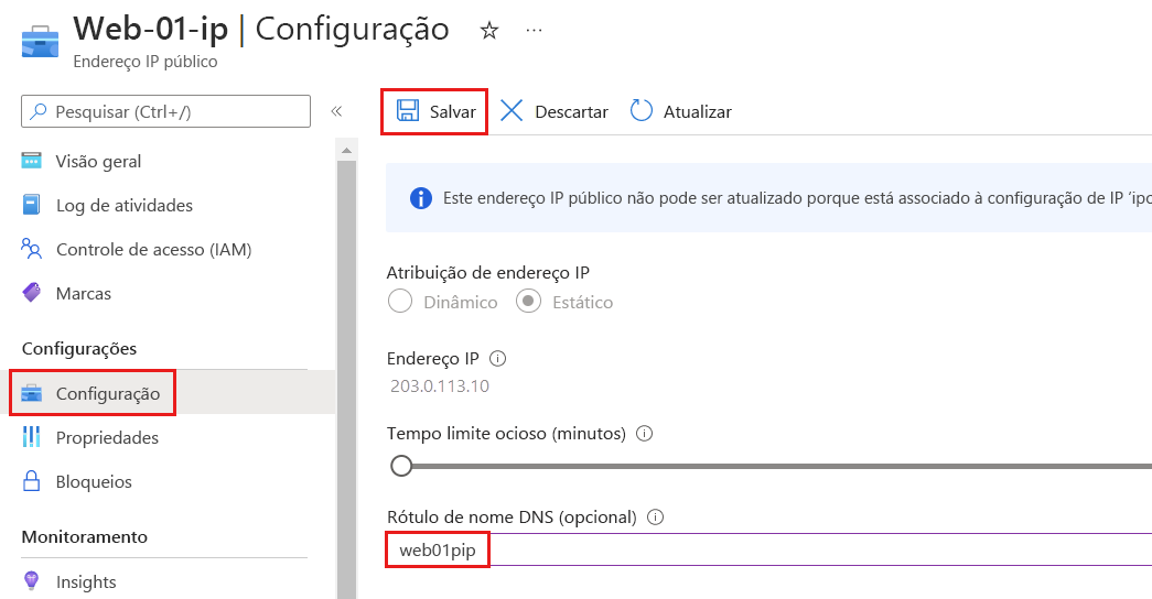 Screenshot da página de Configuração do IP Público do Azure mostrando o rótulo do nome DNS.