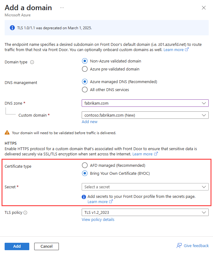 Captura de tela que mostra o painel Adicionar um domínio personalizado com HTTPS.
