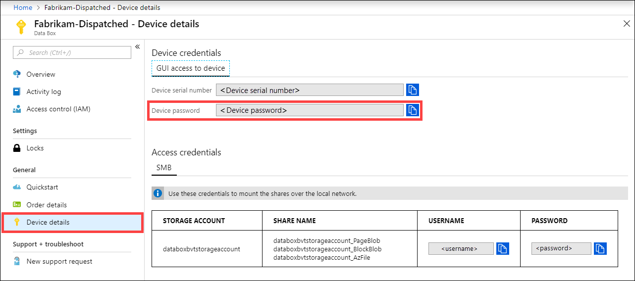 Captura de tela dos Detalhes do dispositivo de um dispositivo Data Box no portal do Azure. O item de menu Detalhes do dispositivo e a opção Senha do dispositivo estão realçados.
