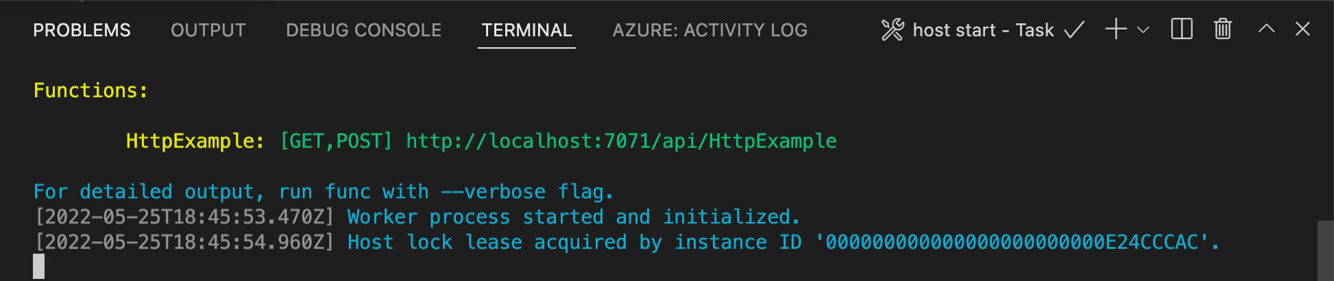 Captura de tela da saída do VS Code da função local.