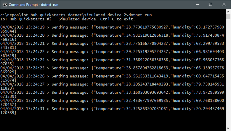 Captura de tela de uma janela de terminal que mostra a saída do aplicativo de dispositivo simulado.