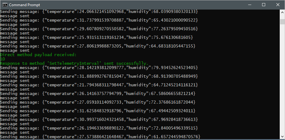 Captura de tela de uma janela de terminal que mostra o resultado da mensagem direta e a saída atualizada do aplicativo de dispositivo simulado.
