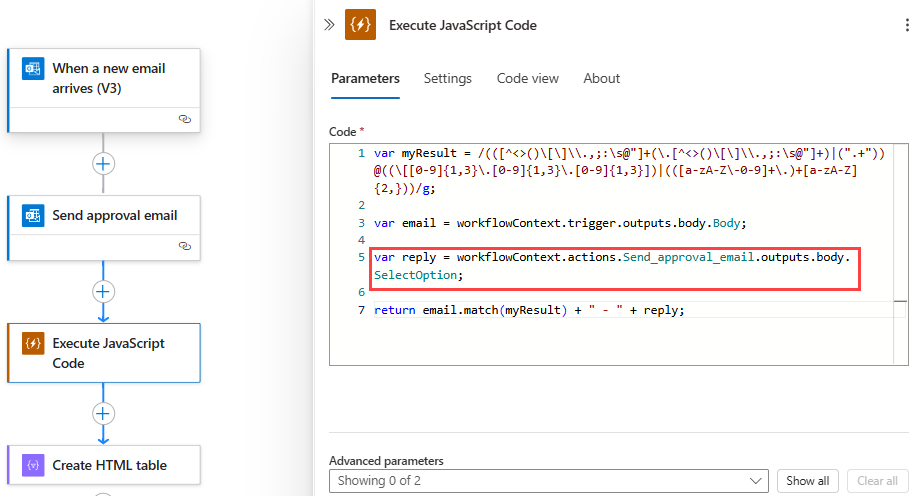 Captura de tela que mostra o fluxo de trabalho de Consumo e a ação Executar Código JavaScript com o snippet de código de exemplo atualizado.