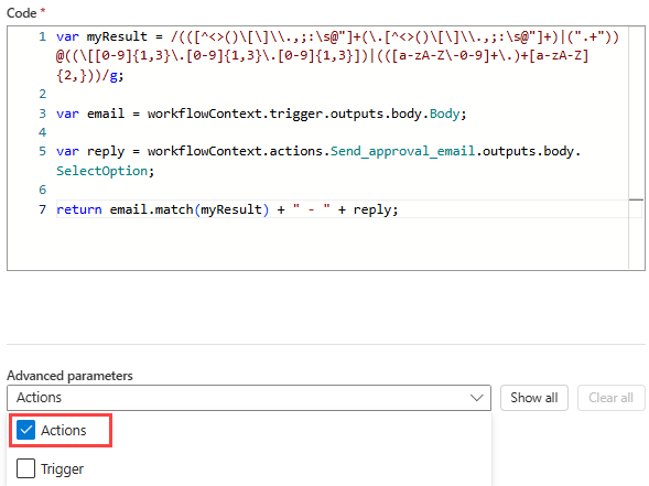 Captura de tela mostrando a ação Executar Código JavaScript com o parâmetro Actions selecionado.
