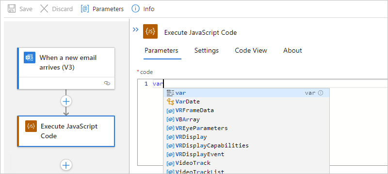 Captura de tela mostrando o fluxo de trabalho Standard, a ação Executar Código JavaScript e a lista de preenchimento automático de palavra-chave.