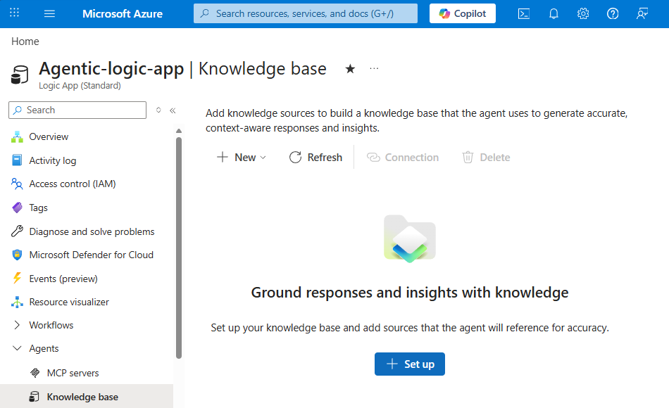 A captura de tela mostra o portal do Azure, o recurso Aplicativo Lógico Padrão, a seção expandida da barra lateral Agentes com base de conhecimento selecionada e a opção de configuração.