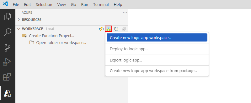 A captura de tela mostra o painel do Azure, a barra de ferramentas do Workspace, o menu Aplicativos Lógicos do Azure e o item selecionado, Criar novo workspace do aplicativo lógico.