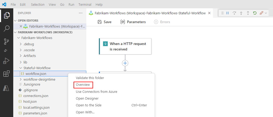 A captura de tela mostra o painel do Explorer, o menu de atalho do arquivo workflow.json com a opção 'Visão geral' selecionada.