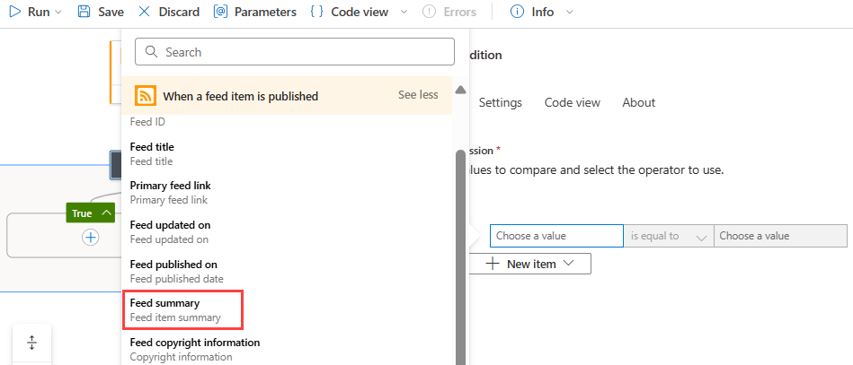 Captura de tela mostra o portal do Azure, o designer de fluxo de trabalho do Consumo, o gatilho de RSS, e ação de Condição com construção de critério.