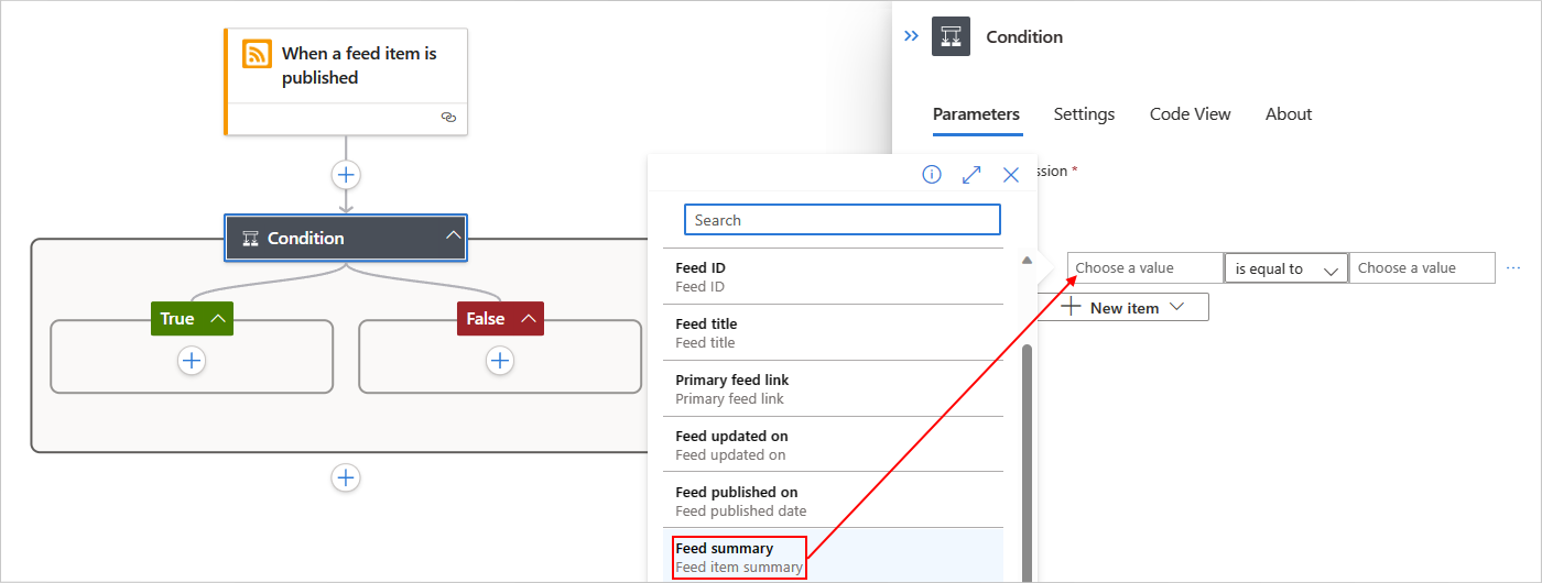 A captura de tela mostra o portal do Azure, o designer de fluxo de trabalho Standard, o gatilho RSS e a ação Condição com a construção de critérios.