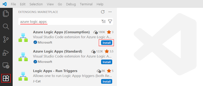 Captura de tela que mostra como localizar e instalar a extensão de Consumo de Aplicativos Lógicos do Azure no Visual Studio Marketplace.