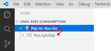 Captura de tela que mostra uma assinatura expandida do Azure com aplicativos lógicos associados.