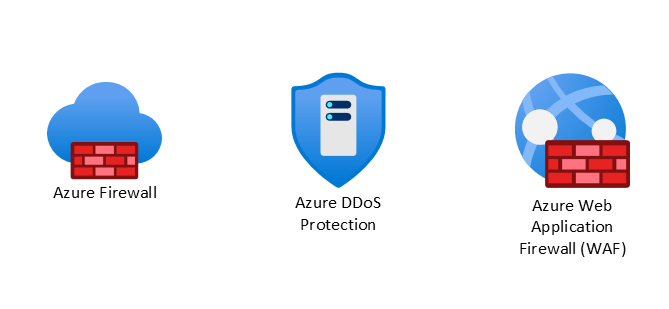 Captura de tela mostrando os ícones do Firewall do Azure, da Proteção contra DDoS do Azure e do Firewall do Aplicativo Web do Azure.
