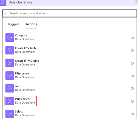 Captura de ecrã a mostrar a seleção da opção Analisar JSON em Operações de Dados.