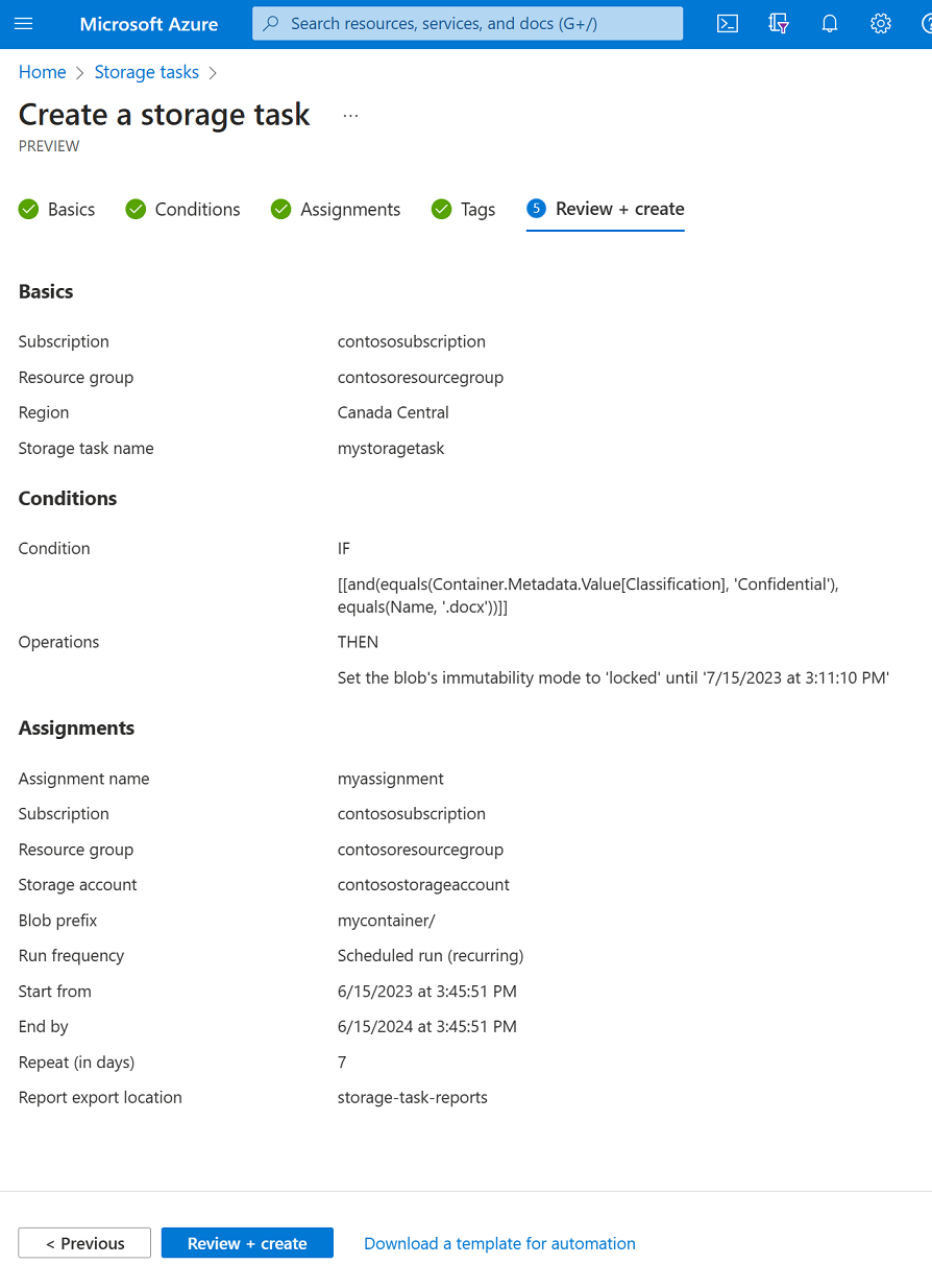Captura de tela da guia de revisão e criação da experiência de criação de tarefas de armazenamento.