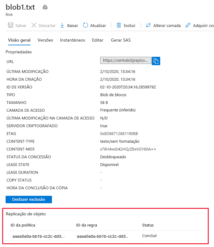 Captura de tela mostrando o status de replicação de um blob na conta de origem