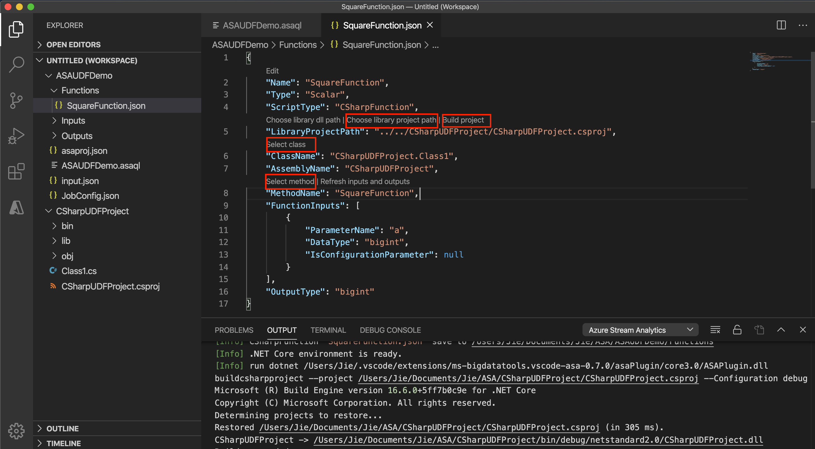 Captura de tela da configuração da função C# do Stream Analytics no VS Code.