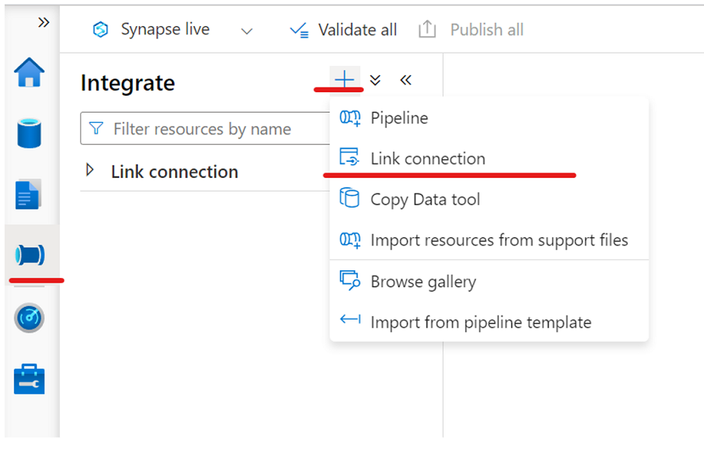 Captura de tela que mostra como criar um link para um pool de SQL Azure Synapse.
