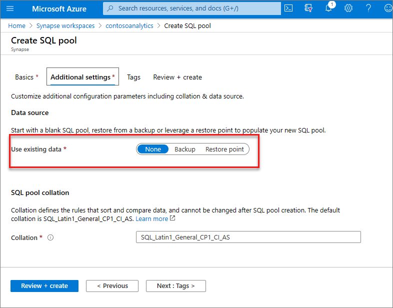 fluxo de criação de pool de SQL dedicado - aba de configurações adicionais.