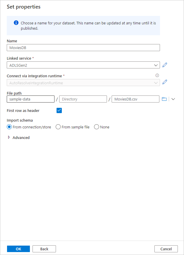 Configurações do conjunto de dados de origem