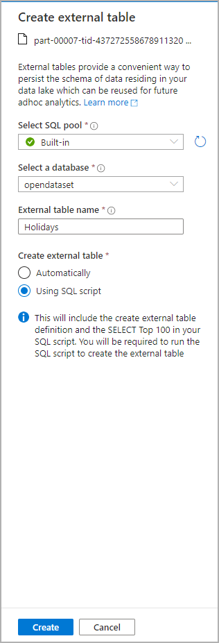 Captura de tela do portal do Azure no Azure Synapse Analytics da caixa de diálogo criar tabela externa.