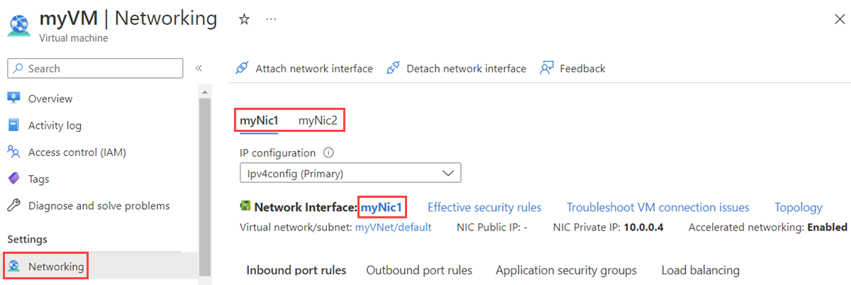 Captura de tela de interface de rede anexada a uma máquina virtual no portal do Azure.