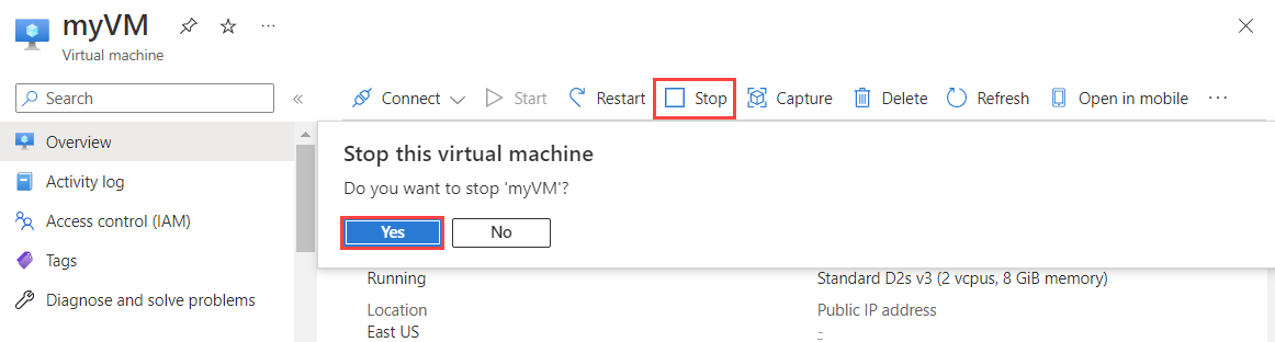 Captura de tela de parada de uma máquina virtual no portal do Azure.