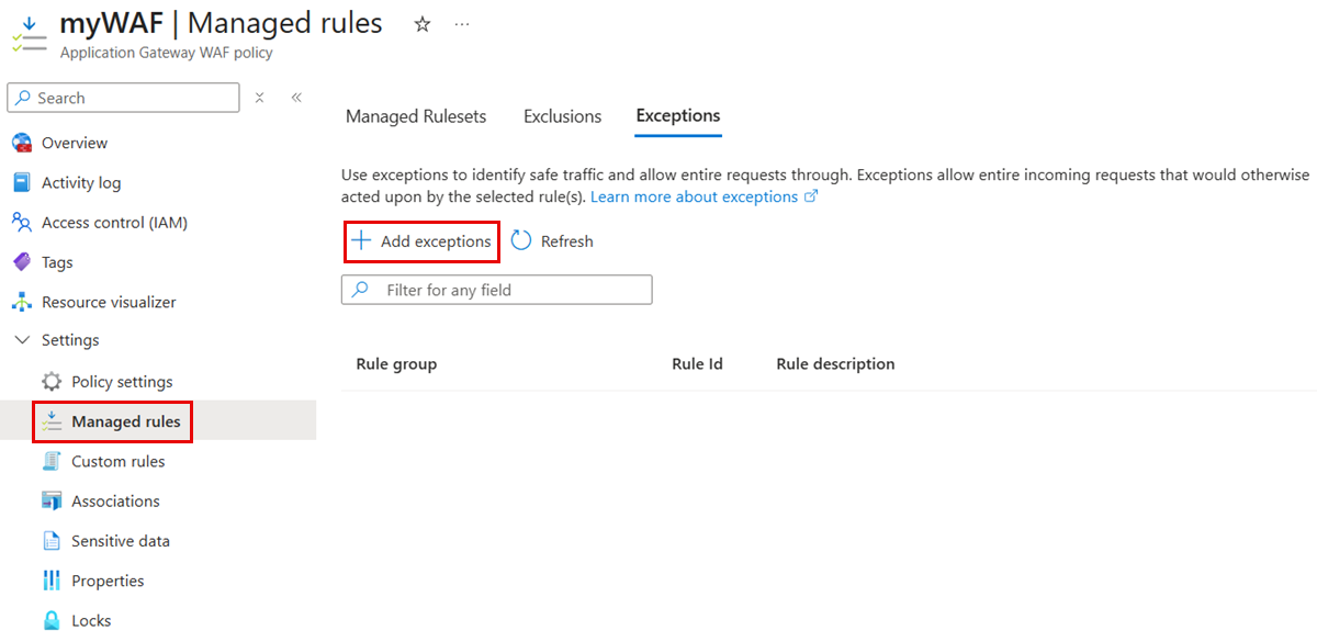 Captura de tela que mostra como adicionar exceções em uma política de WAF no portal Azure.