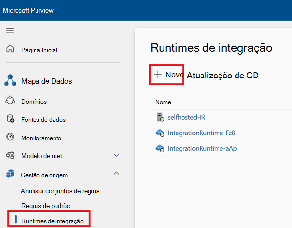 Captura de tela da janela de tempos de execução de integração no Mapa de Dados do Microsoft Purview.