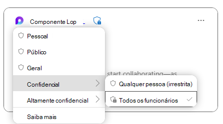 Componente do Microsoft Loop exibindo rótulos de confidencialidade para proteger os dados no componente.