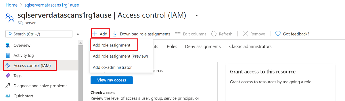 Captura de tela que mostra as seleções para adicionar uma atribuição de função para controle de acesso.
