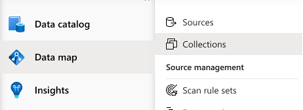 Captura de tela do menu esquerdo do portal de governança do Microsoft Purview. A guia mapa de dados é selecionada e, em seguida, a guia coleções é selecionada.