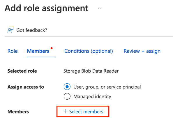 Captura de tela do menu adicionar atribuição de função com o botão + Selecionar membros selecionado.