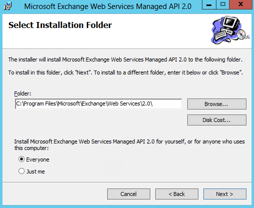 Captura de tela da janela de instalação da API gerenciada do MS Exchange.