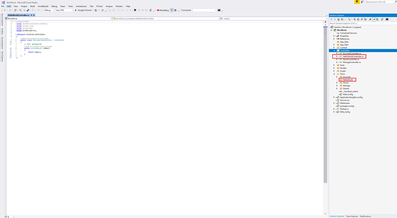 Captura de tela que mostra a guia Hello World Controller dot c s aberta. No Gerenciador de Soluções, a subpasta Hello World Controller dot c s e a subpasta Hello World são circuladas em vermelho.