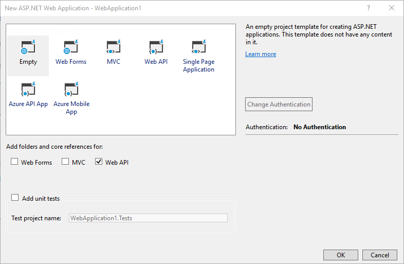 Captura de tela da caixa de diálogo Novo Projeto do SP dot NET, com a caixa de seleção Web A P I selecionada para configurar automaticamente o código de configuração.
