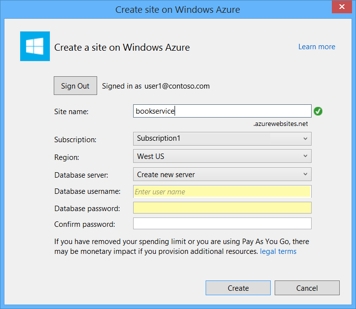 Captura de tela da caixa de diálogo Criar site no Windows Azure com os campos nome de usuário do Banco de Dados e senha de banco de dados realçados em amarelo.