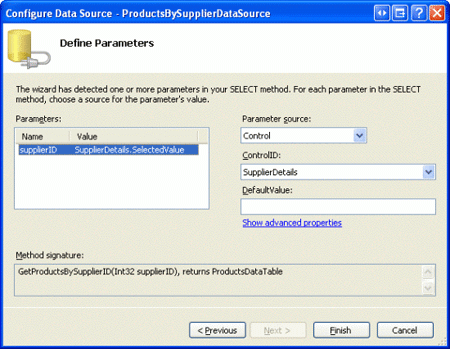 Usar a propriedade SelectedValue de SuppliersDetails DetailsView como a origem do parâmetro