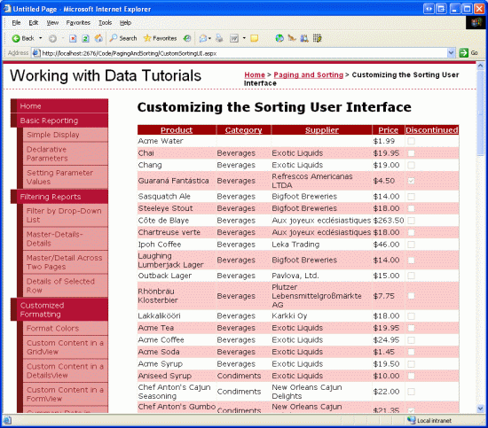 Os dados do GridView classificável são ordenados por categoria