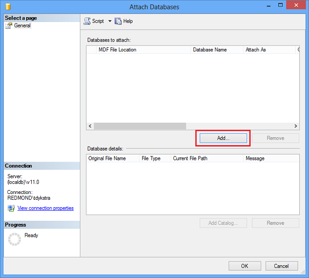 Adicionar arquivo .mdf do SSMS para anexar