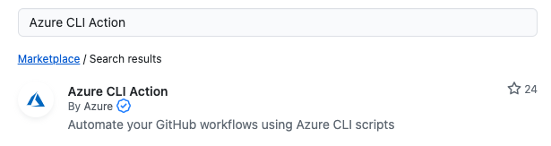 Resultado da pesquisa para a 'Ação da CLI do Azure' com o primeiro resultado sendo mostrado como feito pelo Azure
