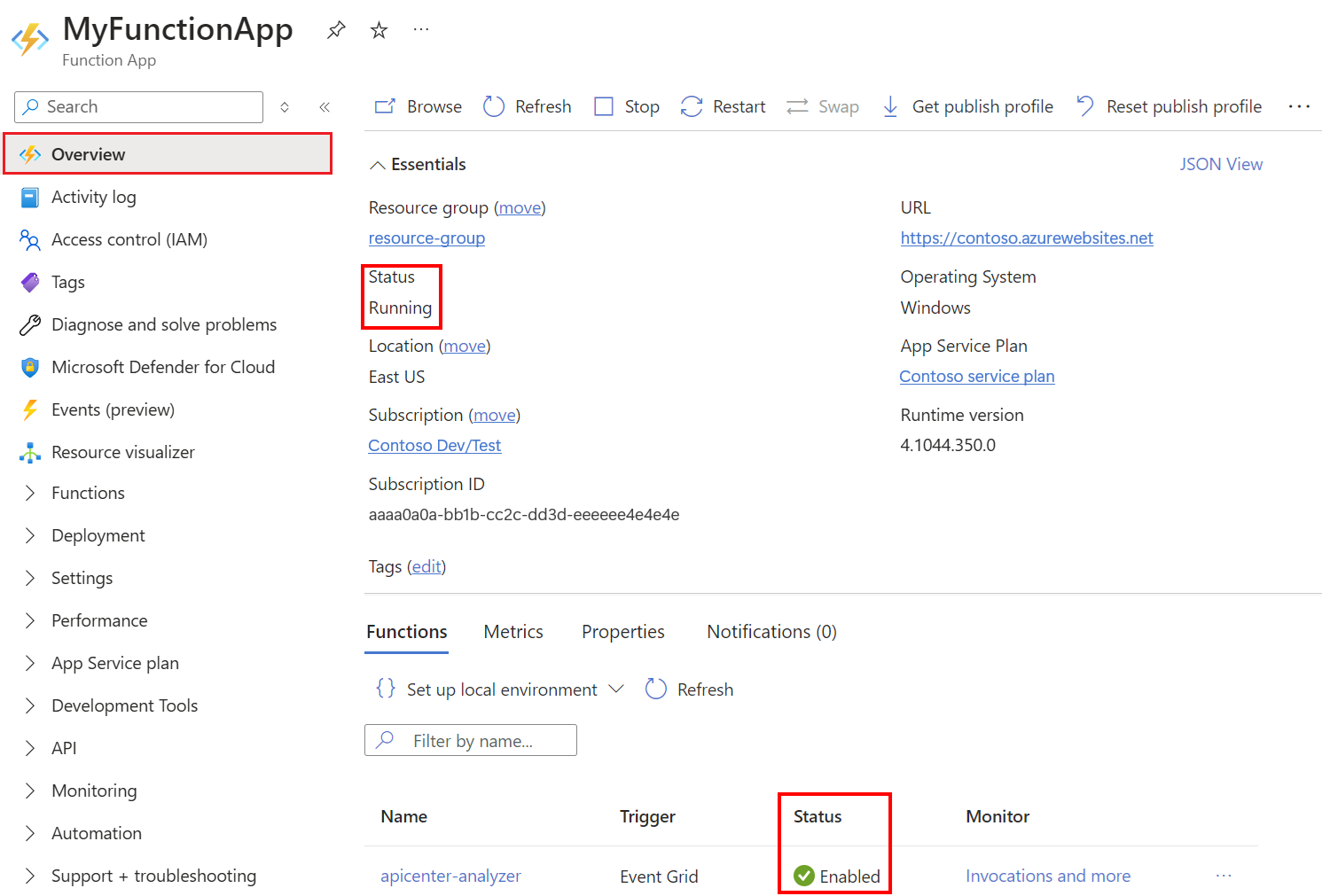 Screenshot do aplicativo de funções no Azure portal mostrando o status em execução e a função Habilitada.
