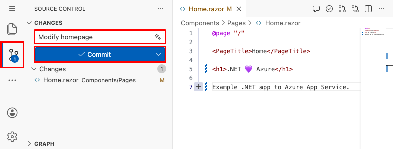 Captura de tela do Visual Studio Code no navegador, painel de controle do código-fonte com uma mensagem de confirmação de 