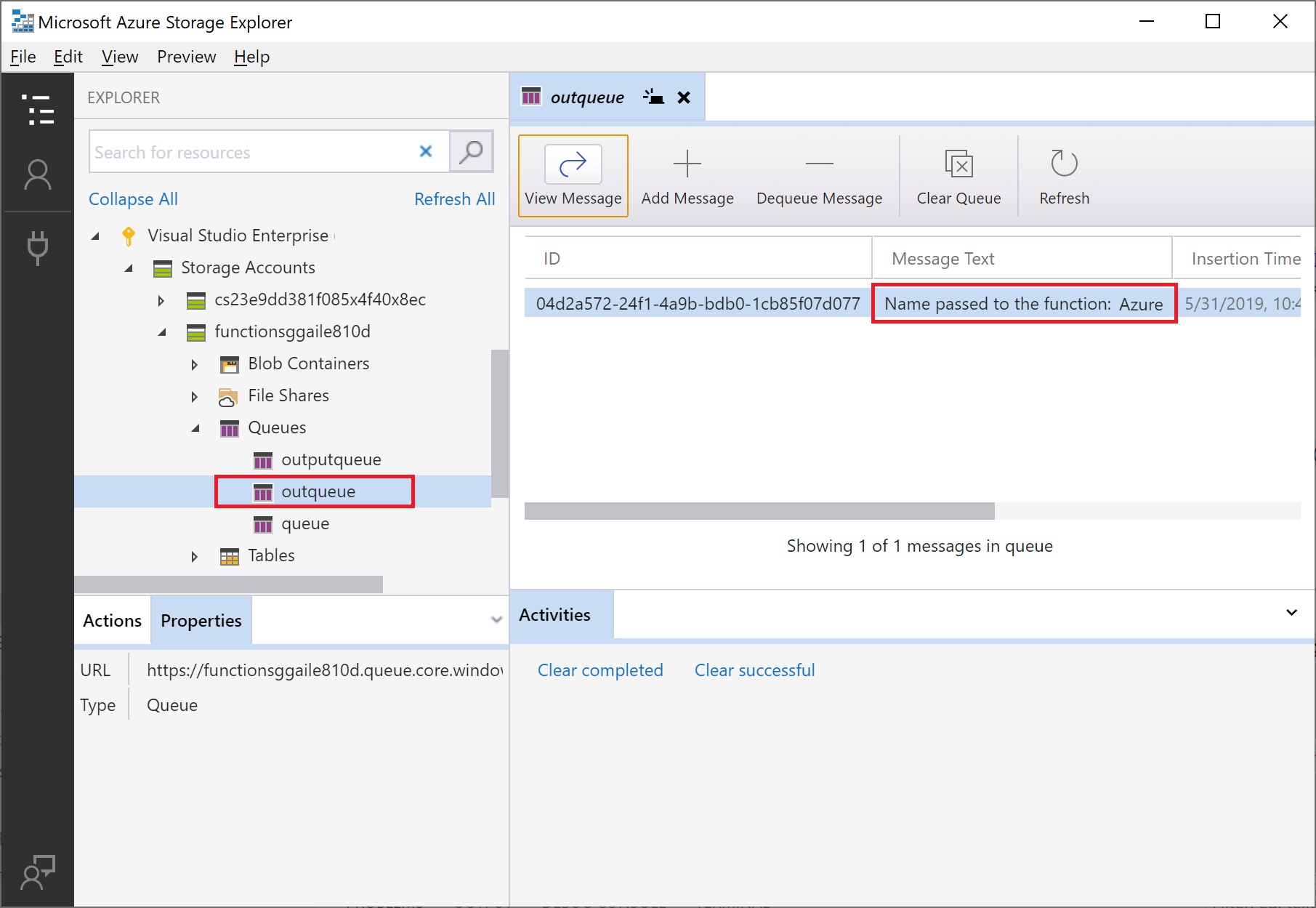 Screenshot da mensagem de fila mostrada em Gerenciador de Armazenamento do Azure.